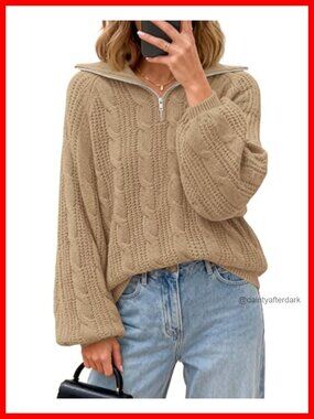 Womens Loose Quarter Zip Pullover Cable Knit Collared Long Sleeve Winter Sweater
